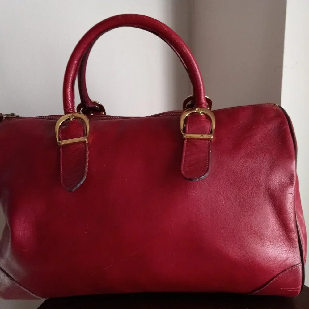 VINTAGE 80S 90S CROUCH & FITZGERALD BURGUNDY LEATHER BARREL PURSE BAG - Picture 4 of 9